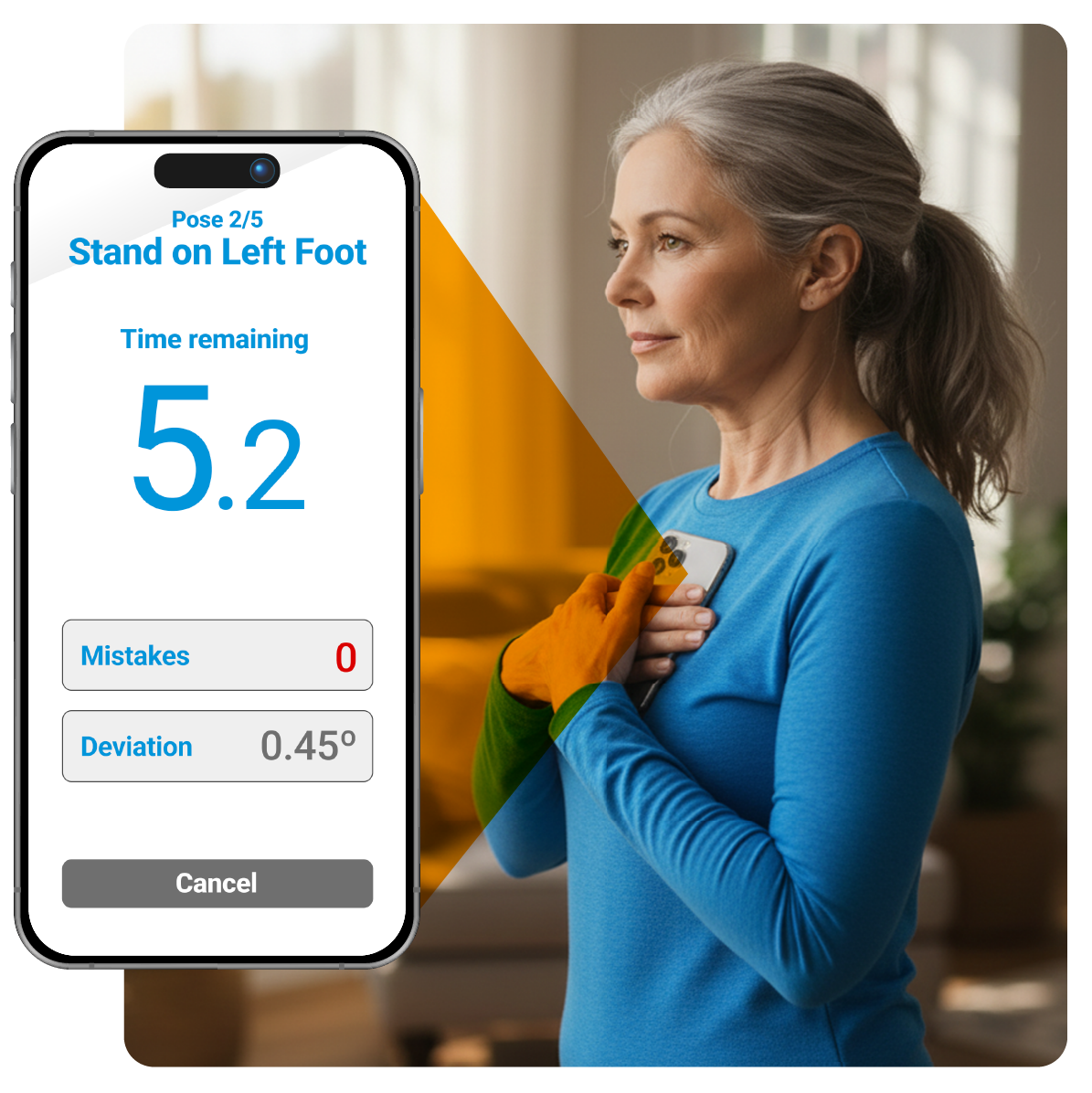 Woman holding phone with Balance Matters app showing a balance score of 74